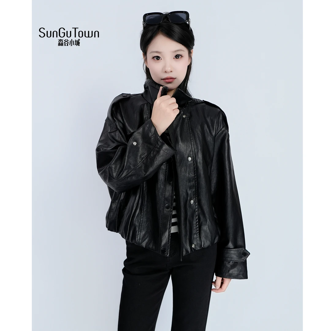 森谷小城早秋甜酷girl穿搭韩版立领常规皮外套5CQTY0054