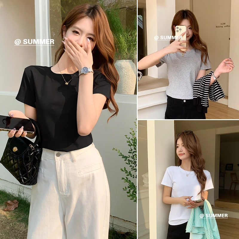 黑色短袖t恤女2025新款夏季修身显瘦圆领打底半袖小个子正肩上衣