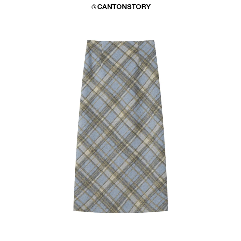 羊城故事【清仓！】开叉毛呢格纹半身裙冬季高腰显瘦长裙 Y41247457