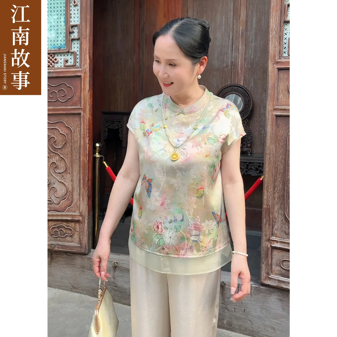 江南故事妈妈装2025新款新中式高质感穿搭国风中老年印花上衣