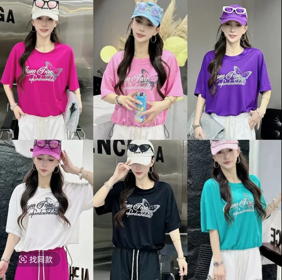 NH9577#夏季新品冰咝棉宽松抽绳圆领百搭显瘦T恤