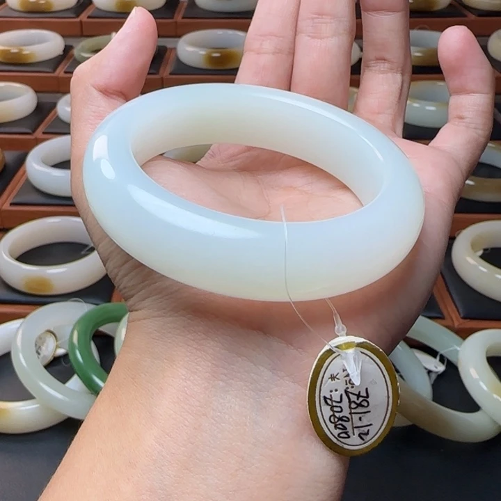 和田玉未镶嵌手镯微翠羊脂白56.4