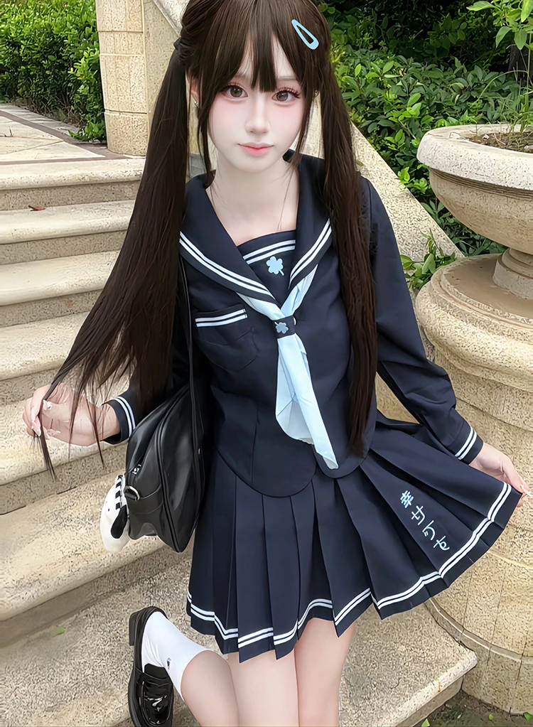 【叁叶町】三叶草刺绣JK水手服正版原创收腰学院风绀色百褶裙套装