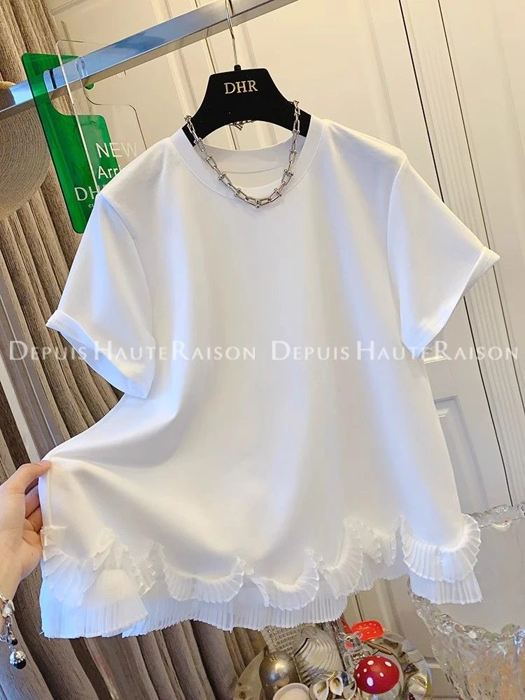 夏季独特法式气质休闲风白色花边短袖夏装T恤宽松上衣女