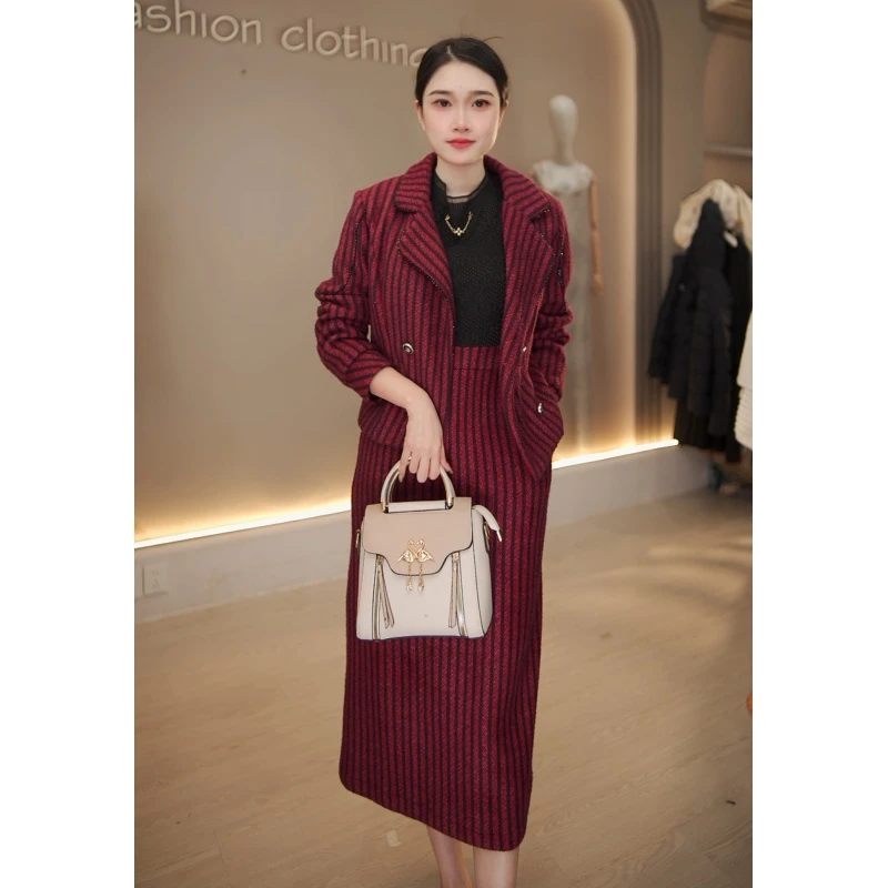气质时尚女装套装冬季加厚新款中长款连衣裙百搭外套两件套套装