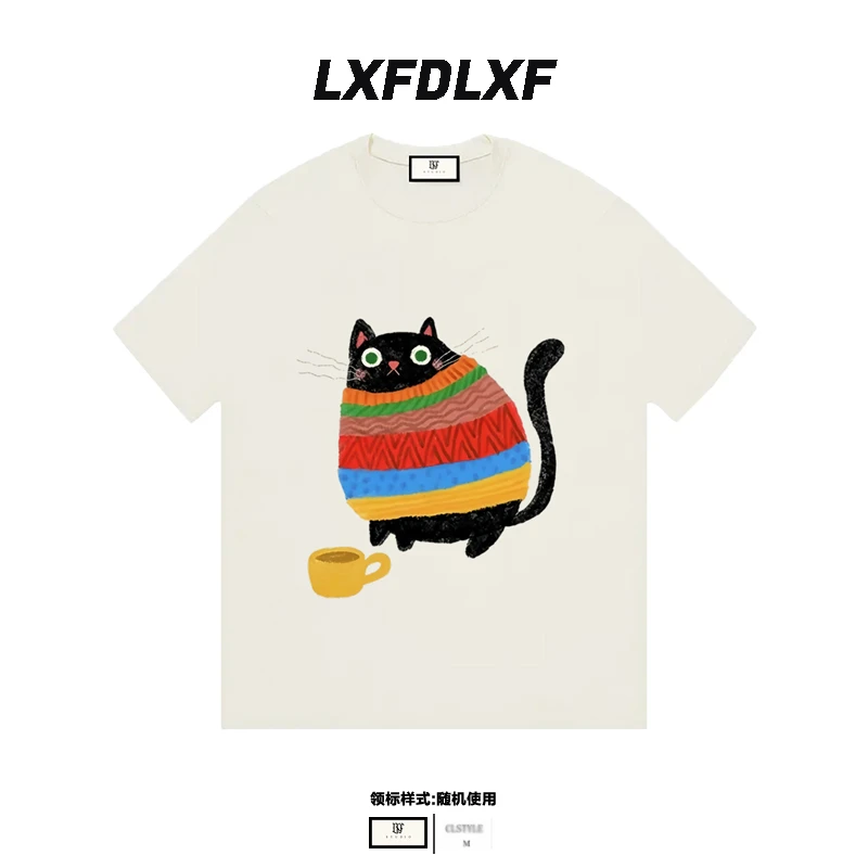 【小肥猫】宽松版型 LXF 男女同款 直喷工艺 美式短袖t恤情侣2025