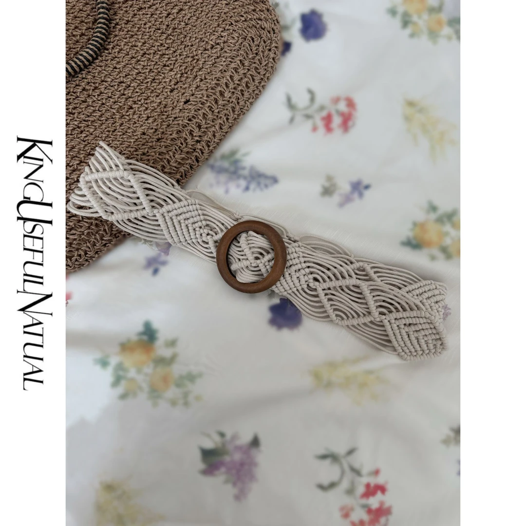 KUN【unisex美学】手工编织 波西米亚风简约木扣复古百搭宽腰带