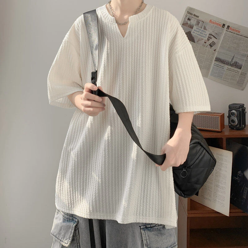 欧若风 肌理感V领短袖t恤男夏季潮流宽松青少年休闲半袖体恤上ins