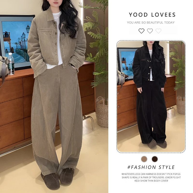 慵懒风炸街网红款长袖单排扣外套秋冬季潮流工装风休闲长裤两件套