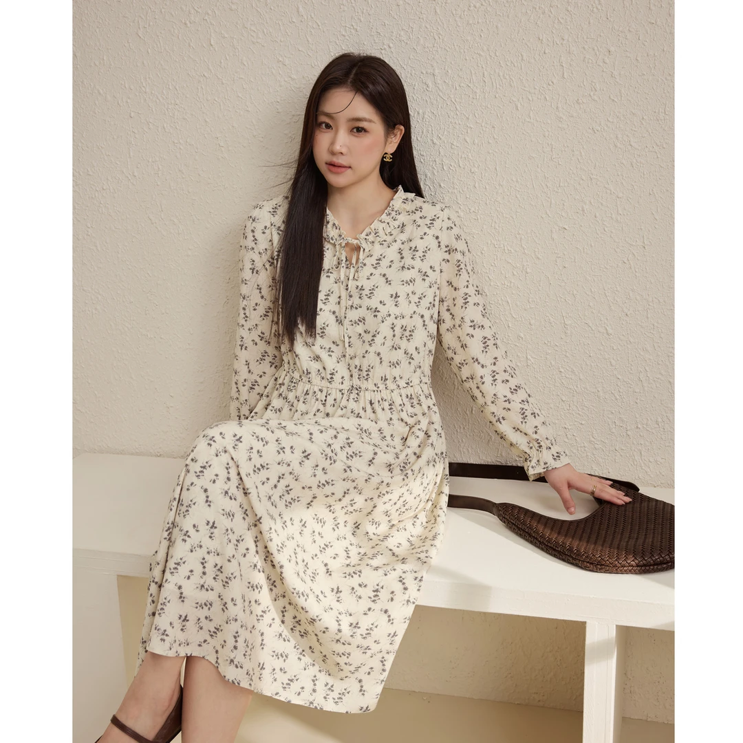 【秋日序曲】纤莉秀新大码流光风碎花法式V领收腰茶歇连衣裙QK3523