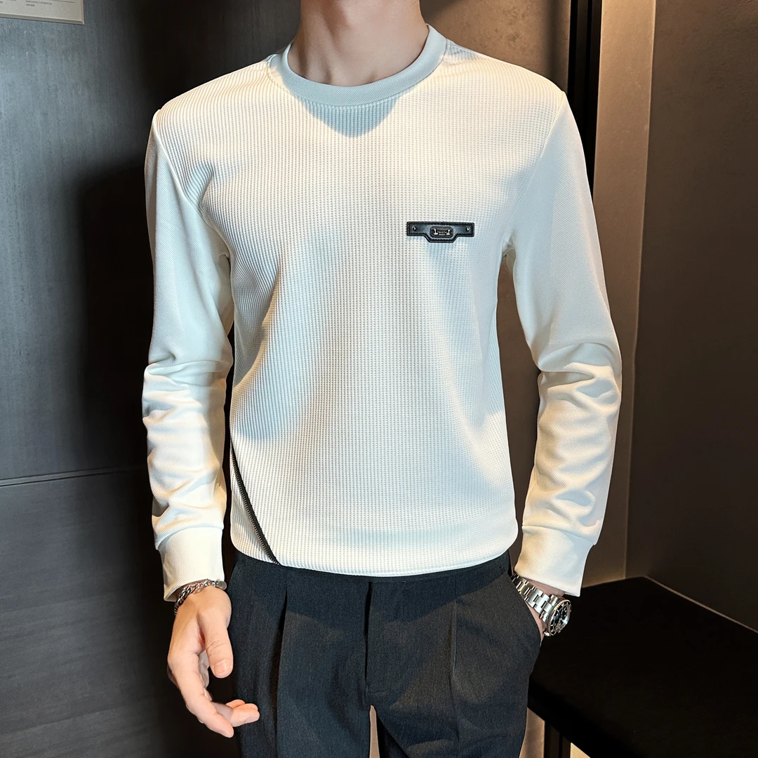 华夫格卫衣男士春秋季新款潮牌痞帅高级感斜拉链长袖T恤男打底衫