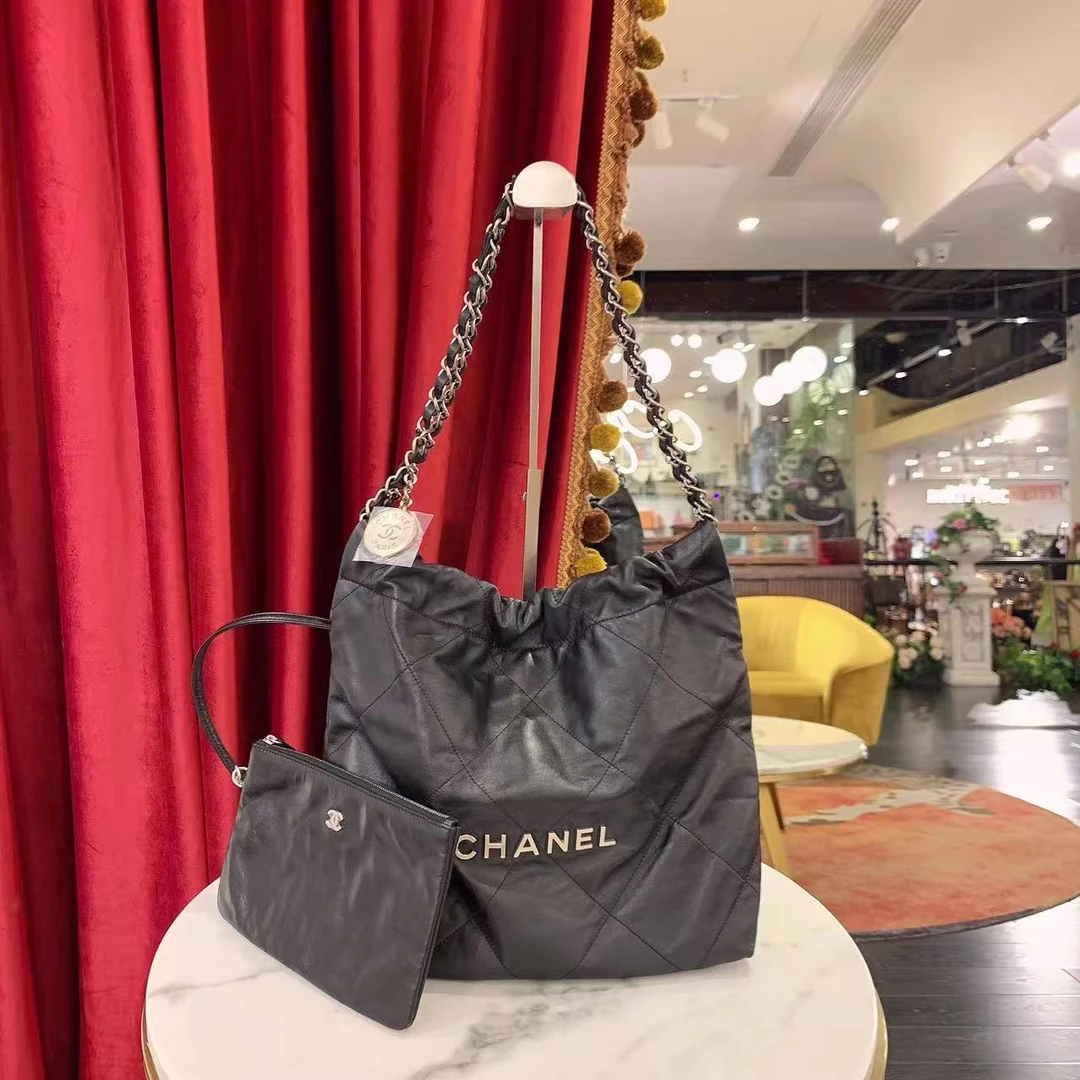 95新 Chanel/香奈儿 GGS22bag小号黑银牛皮单肩包芯片款58969865
