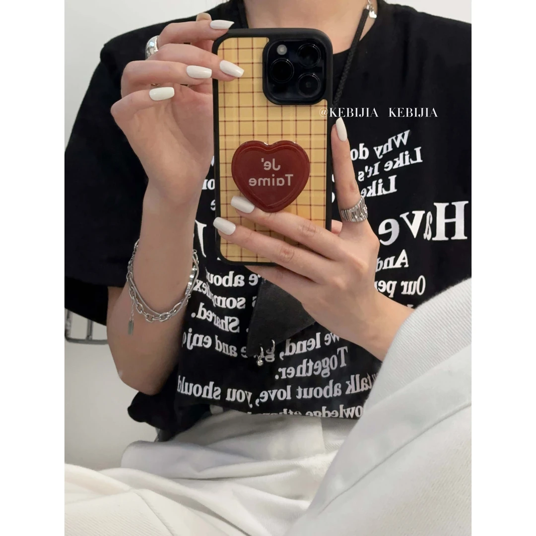 ins小众韩风黄色格纹爱心防摔适用于苹果16promax15/14手机壳