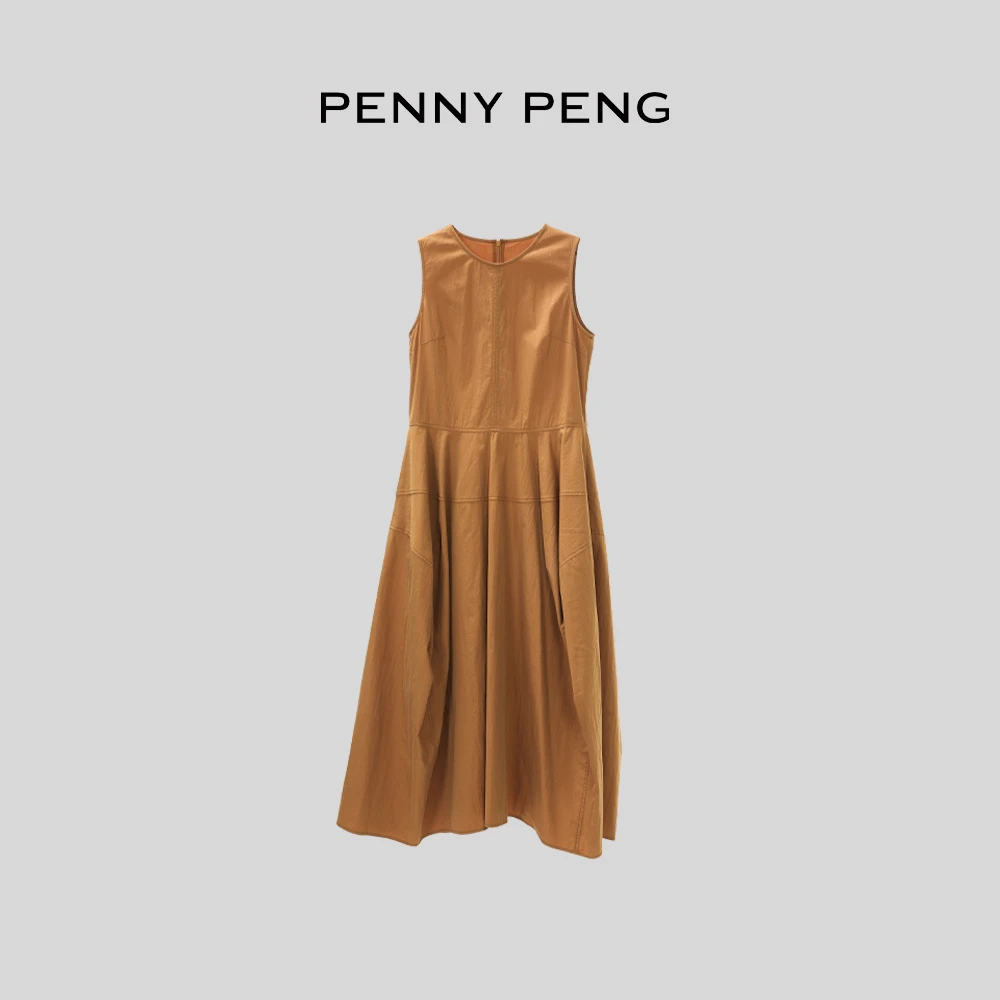 PENNYPENG夏日橘子海春季气质品质设计师土黄色港风无袖连衣裙