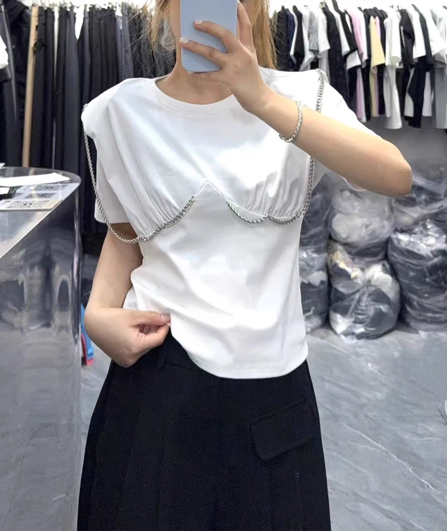 88877-29法式高级感链条无袖修身收腰短款女士T恤夏季新款