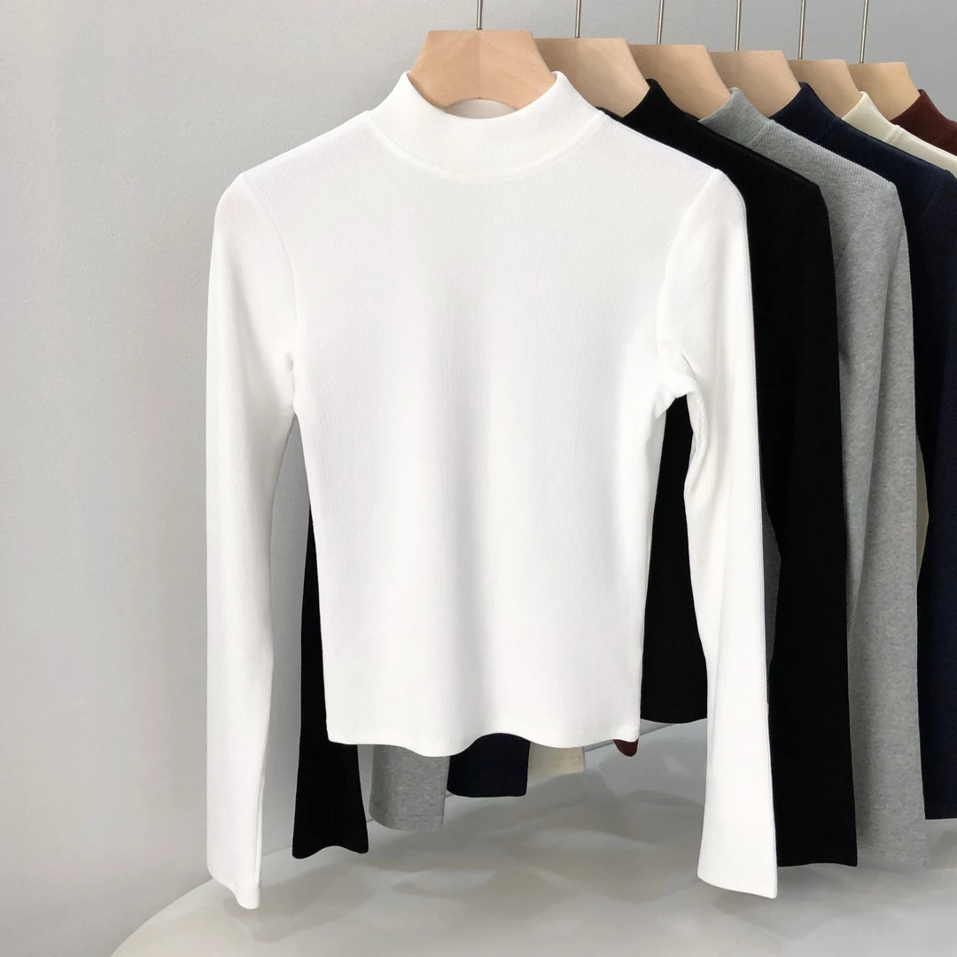 2025秋季白色半高领长袖女T恤修身短款简约气质上衣内搭打底衫棉