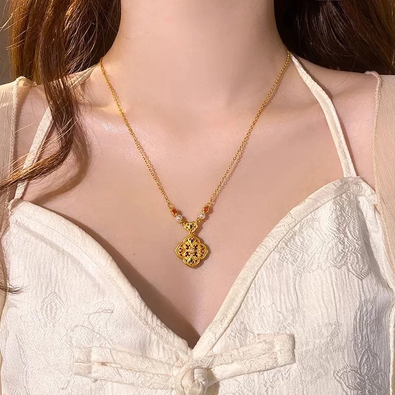 铜合金项链 宫廷风珐琅彩四方如意珍珠项链女款爆款轻奢古法A16