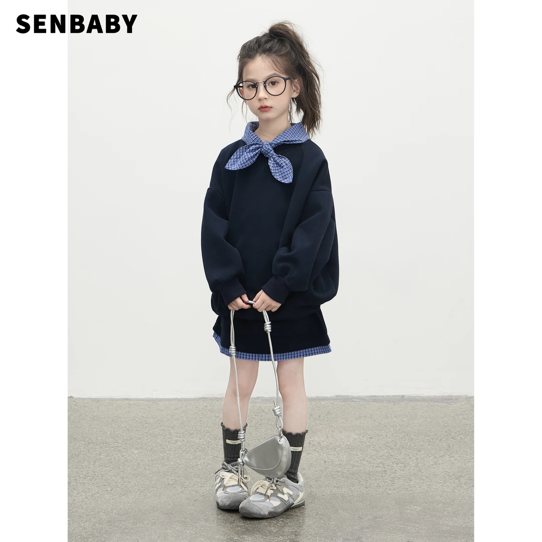 senbaby童装 女童秋季休闲套装韩版洋气领结卫衣+短裙两件套