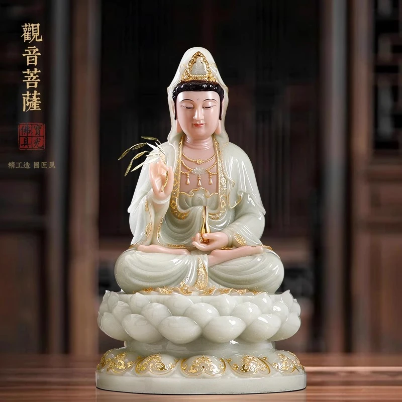 汉白玉观音佛象家用供奉南海观世音菩萨佛像娑婆三圣坐像桌面摆件