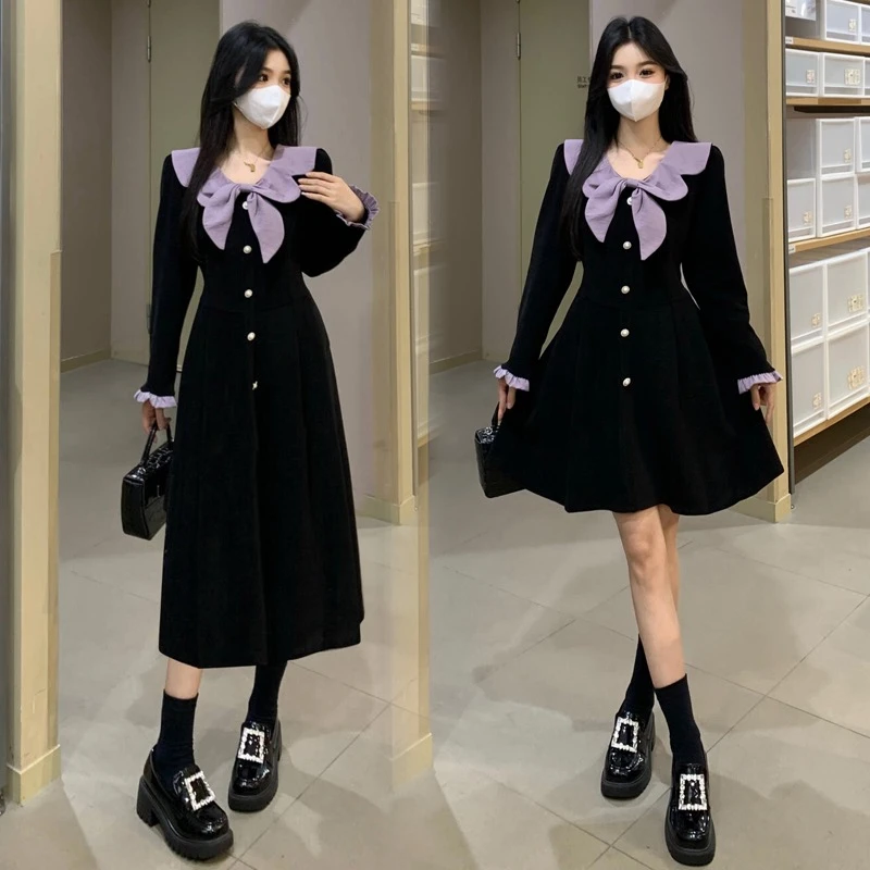 大码秋冬新款甜美蝴蝶结显瘦名媛风气质减龄设计感法式连衣裙女