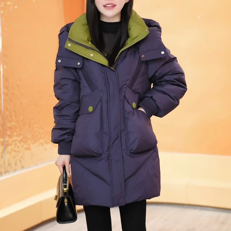 时尚撞色免洗保暖羽绒服女中长款冬季加肥加大码宽松白鸭绒厚外套