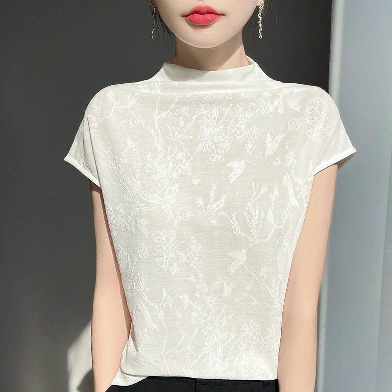 2025春夏新款半高圆领t恤背心莱赛尔天丝薄款透气短袖百搭休闲T恤