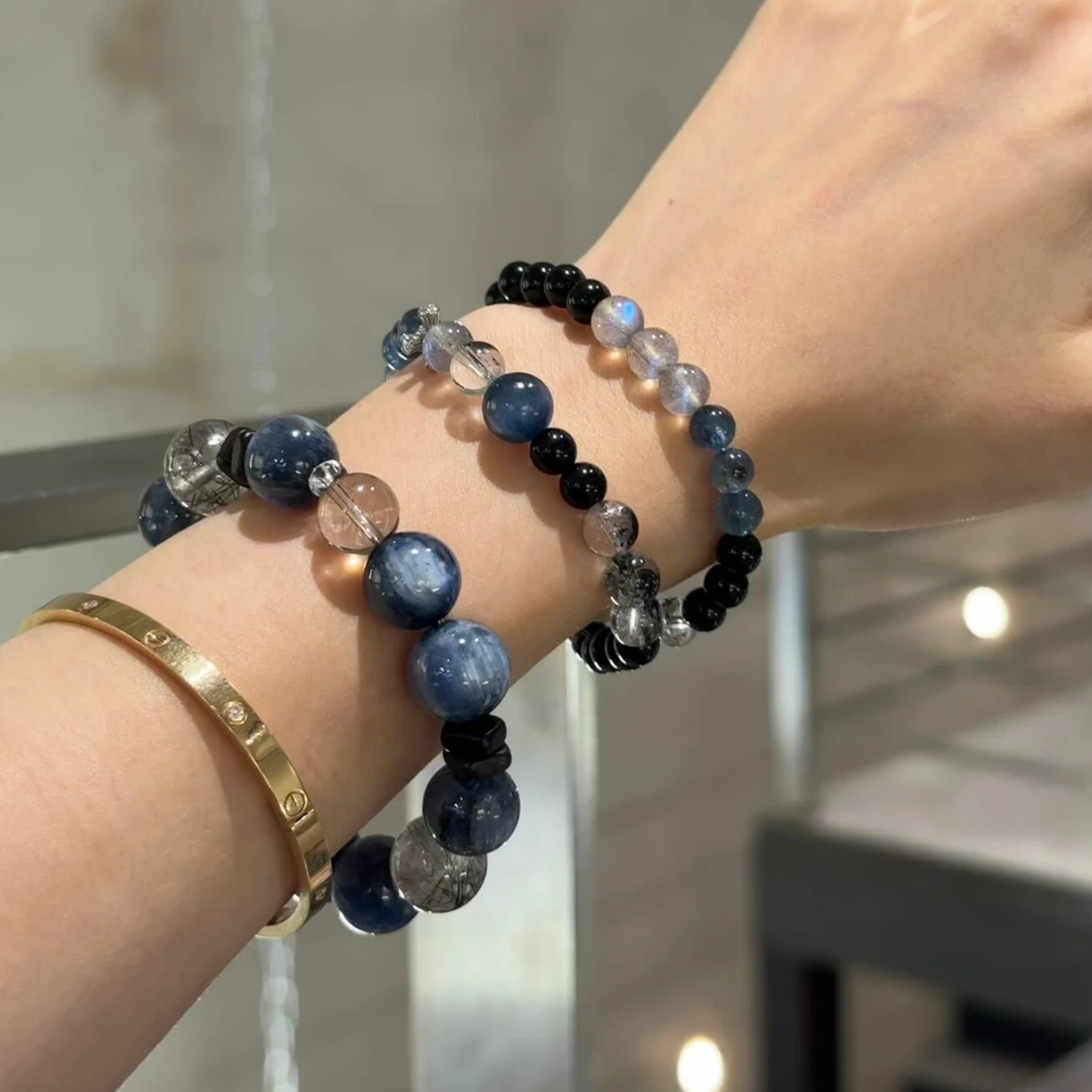 铜合金手链 蓝黑色系清冷感手串单圈双圈叠戴气质黑闪灵手链显白
