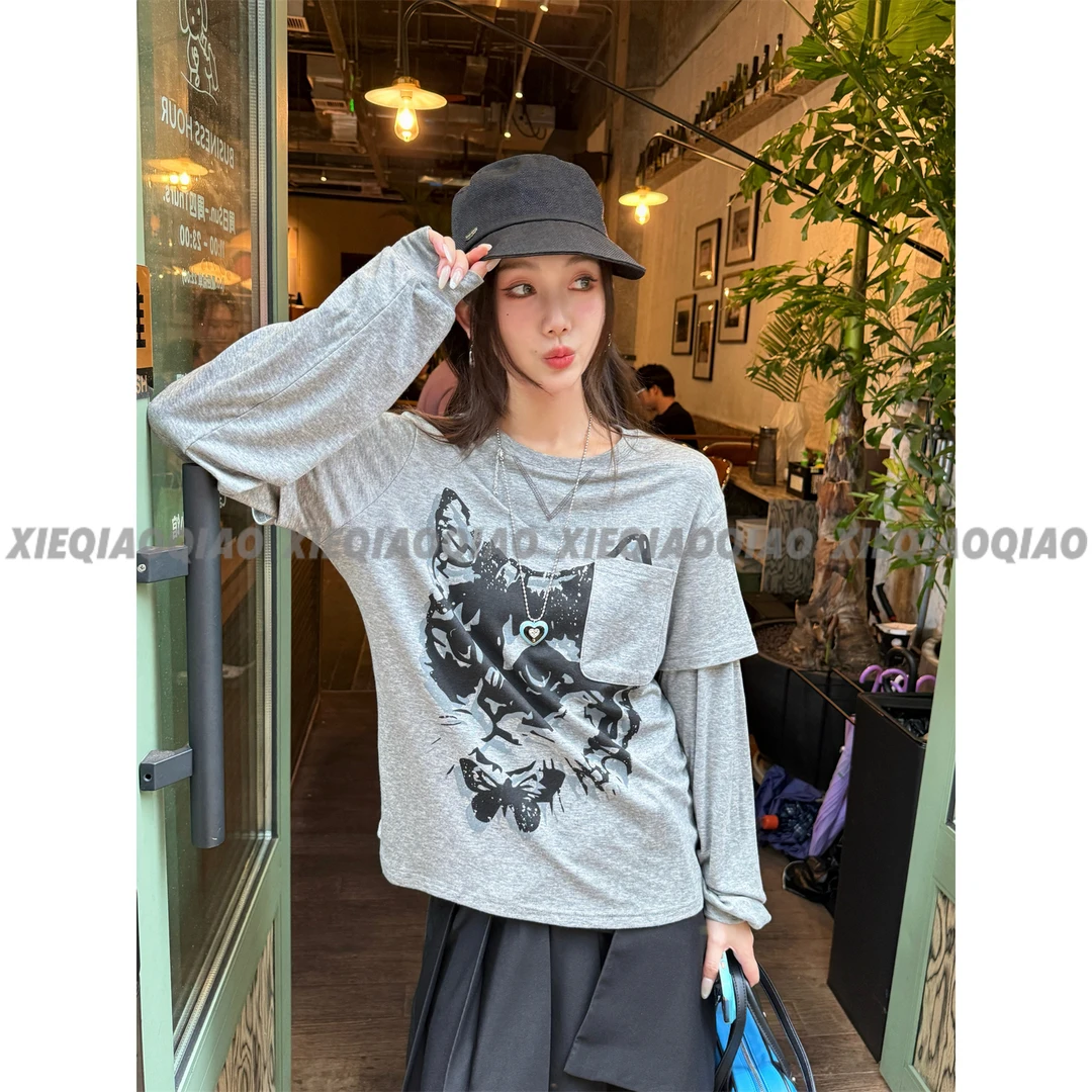 谢荞荞「蝴蝶kitty」天丝羊毛早秋新款假两件猫咪印花长袖上衣