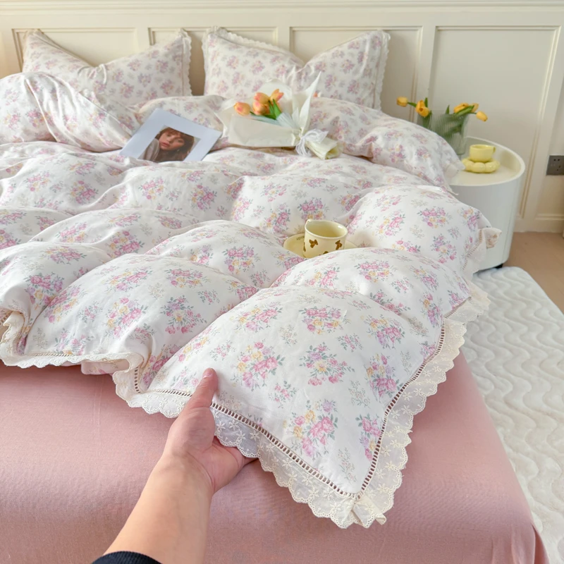 100%棉四件套韩版蕾丝花边纯棉双层纱四件套印花法式赫本皱皱花边