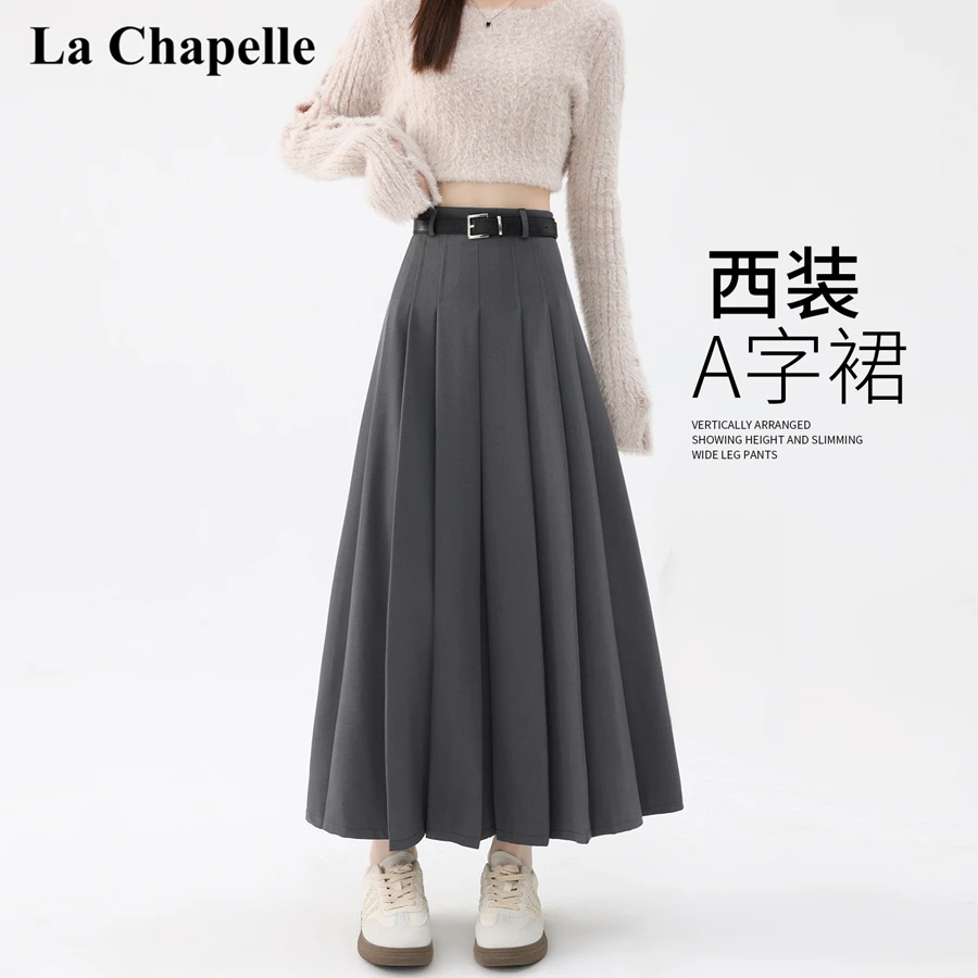 拉夏贝尔百褶半身裙2025秋季新款美式学院风百搭a字高腰西装伞裙