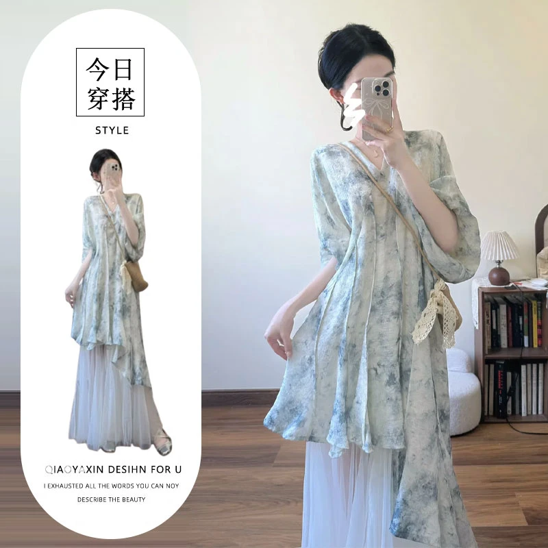 2025夏季新款高级感新中式国风连衣裙度假风小众网纱半身裙两件套