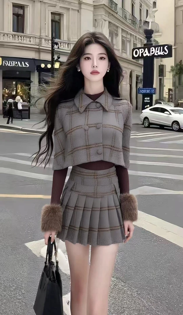 法式小香风氛围感穿搭灰色格子修身长袖上衣+百褶格子半身裙套装