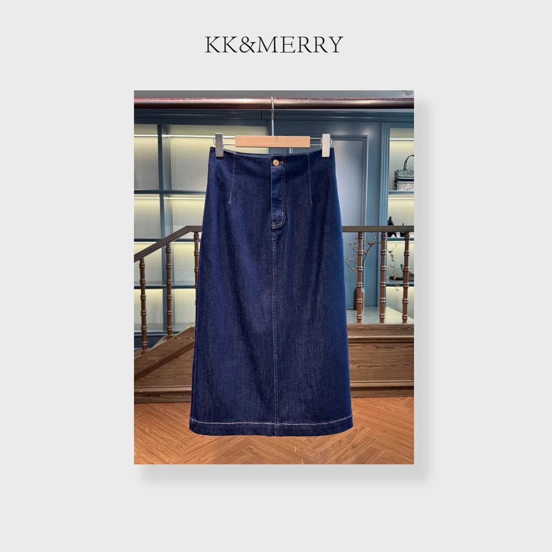 百搭显瘦复古深蓝A字开叉中长款牛仔半身裙KDEC301