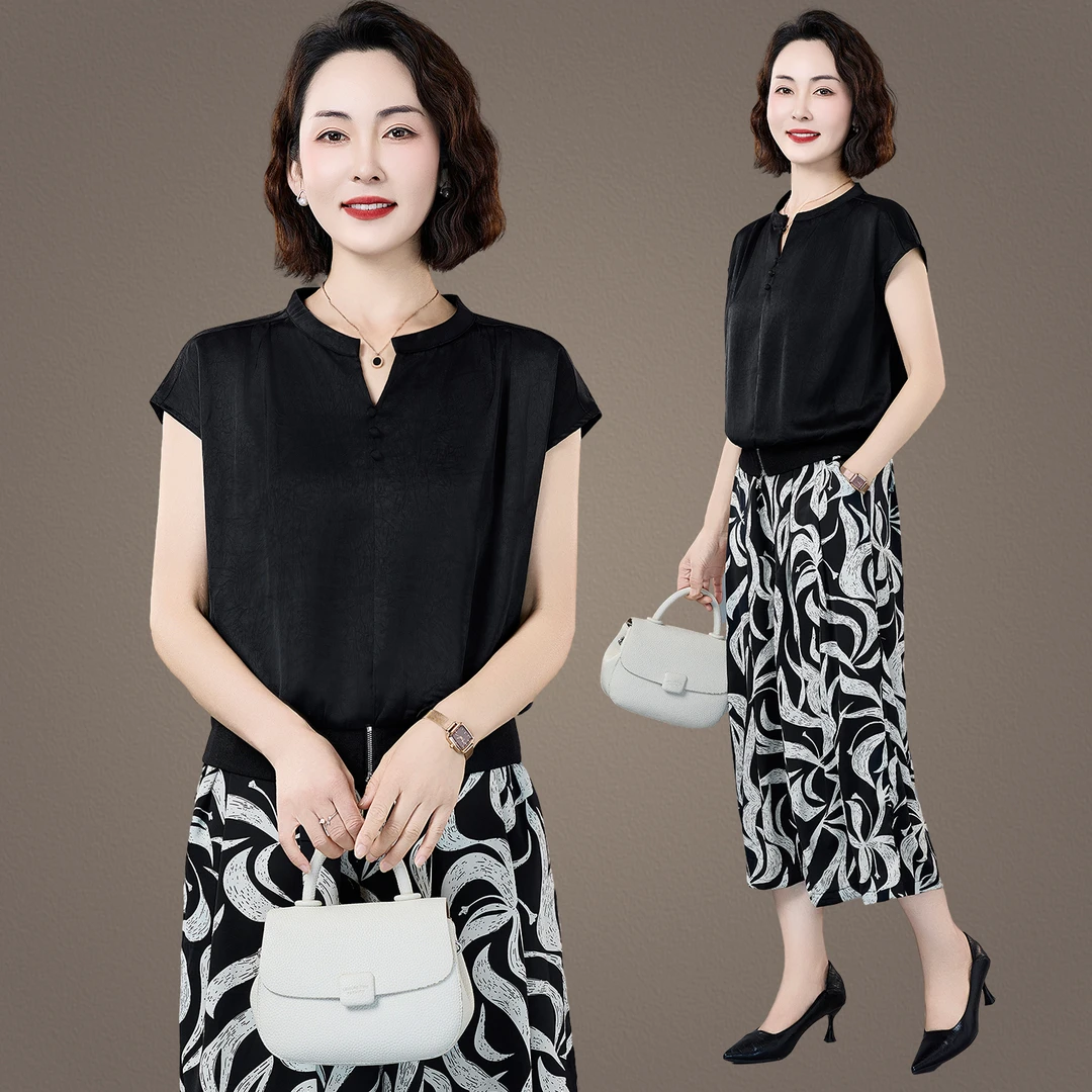 恩狐中年妈妈夏季短袖套装时尚宽松套头上衣2025新款显瘦两件套