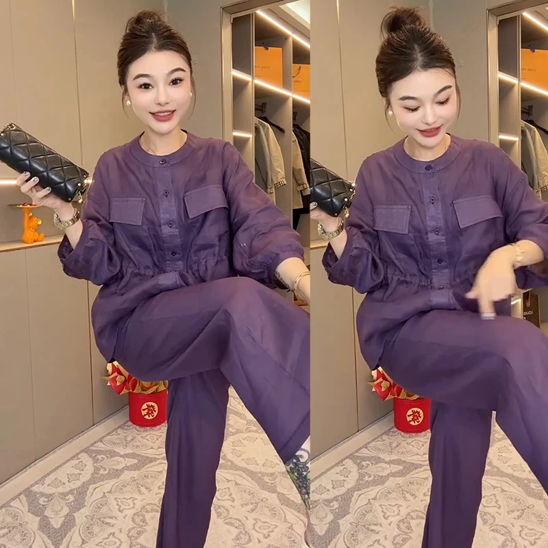 复古时尚简约套装女2025年春秋新款纯色拼接圆领长袖小衫+阔腿裤