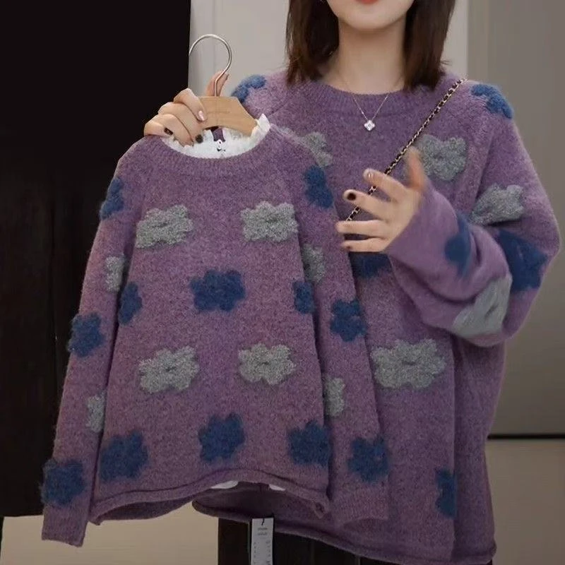 女童立体花朵加厚毛衣2025新款秋冬慵懒风针织衫内搭上衣冬装保暖