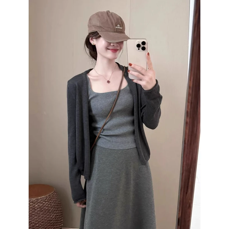 芯娇晴老钱风灰色针织开衫外套女秋季韩版松弛感宽松毛衣外搭上衣