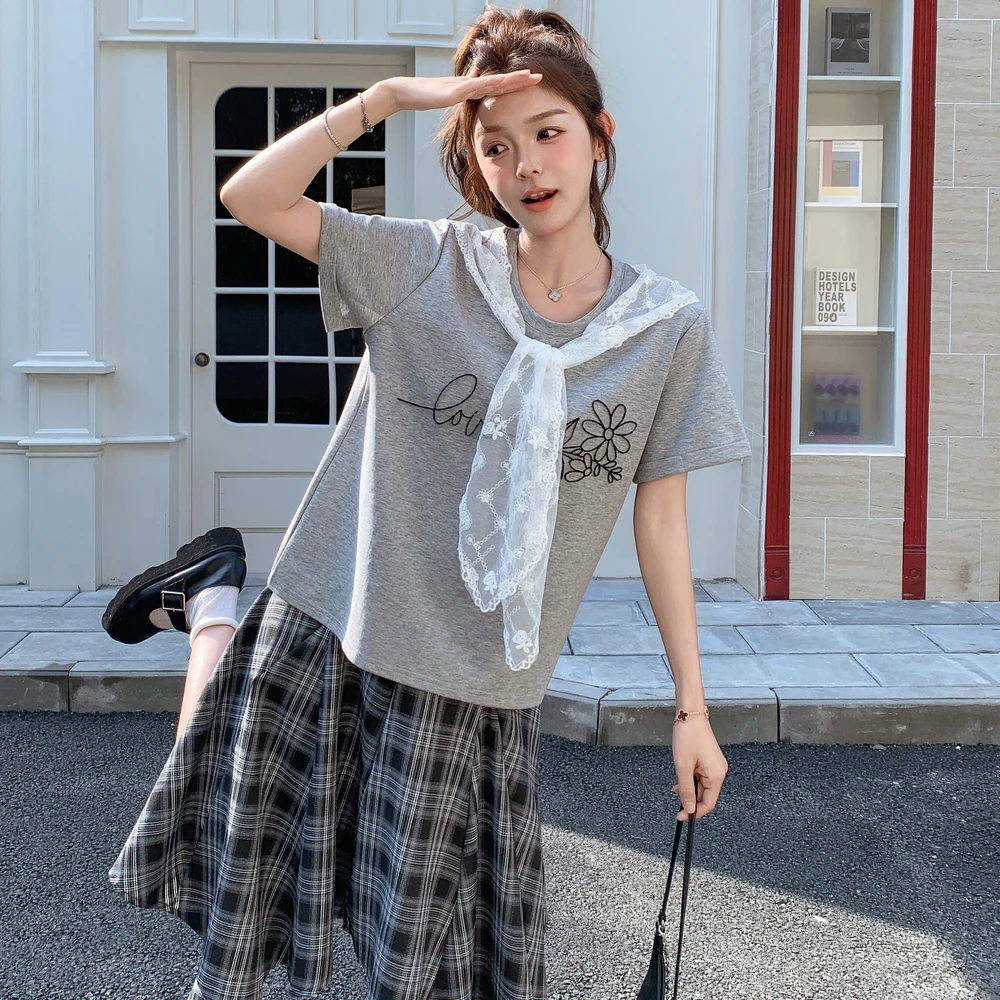 蕾丝披肩T恤格子半身裙套装女2025夏季新款学院风减龄气质两件套