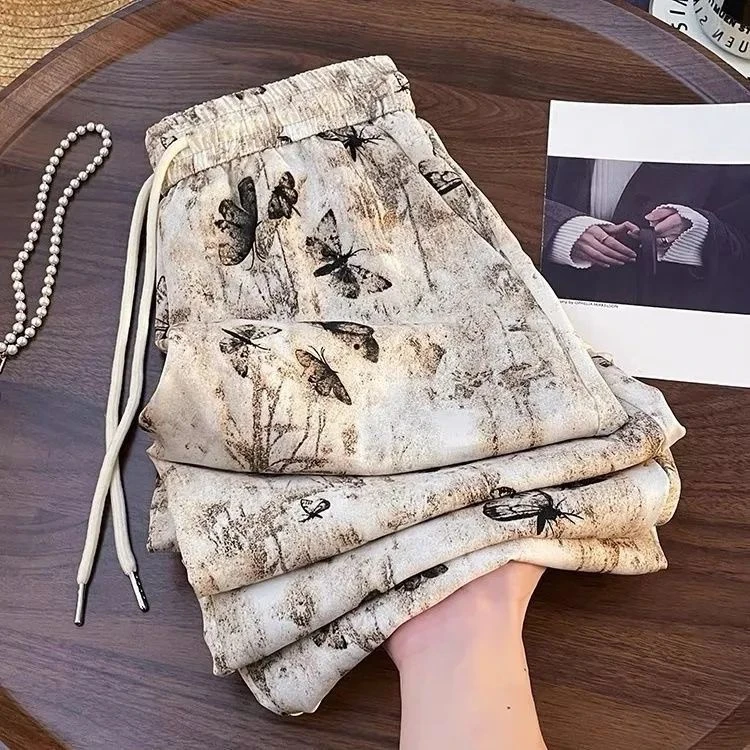 2025夏季蝴蝶印花直筒裤休闲裤新款宽松复古独特蝴蝶水墨画阔腿裤