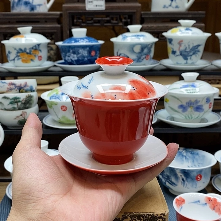 手绘龙船花盖碗160cc釉下彩微瑕福利款