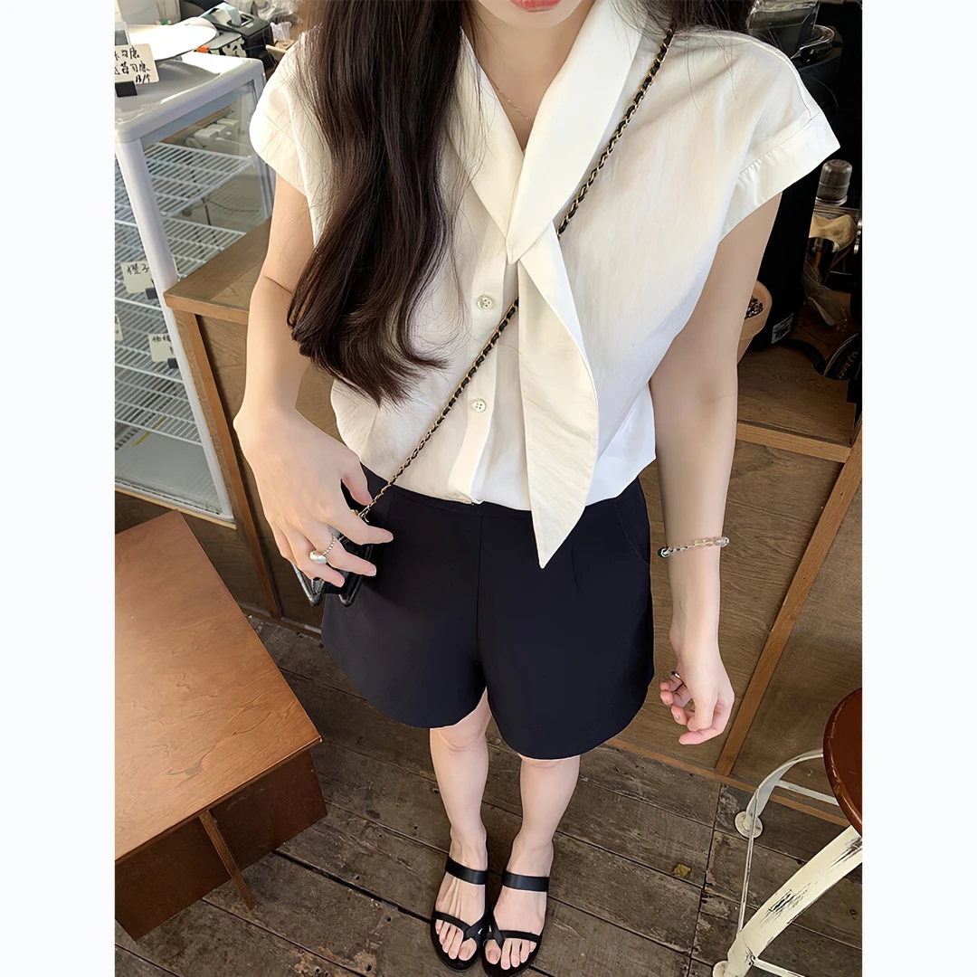 2025夏季韩系简约休闲显瘦宽松飘带领衬衫小衫W-387