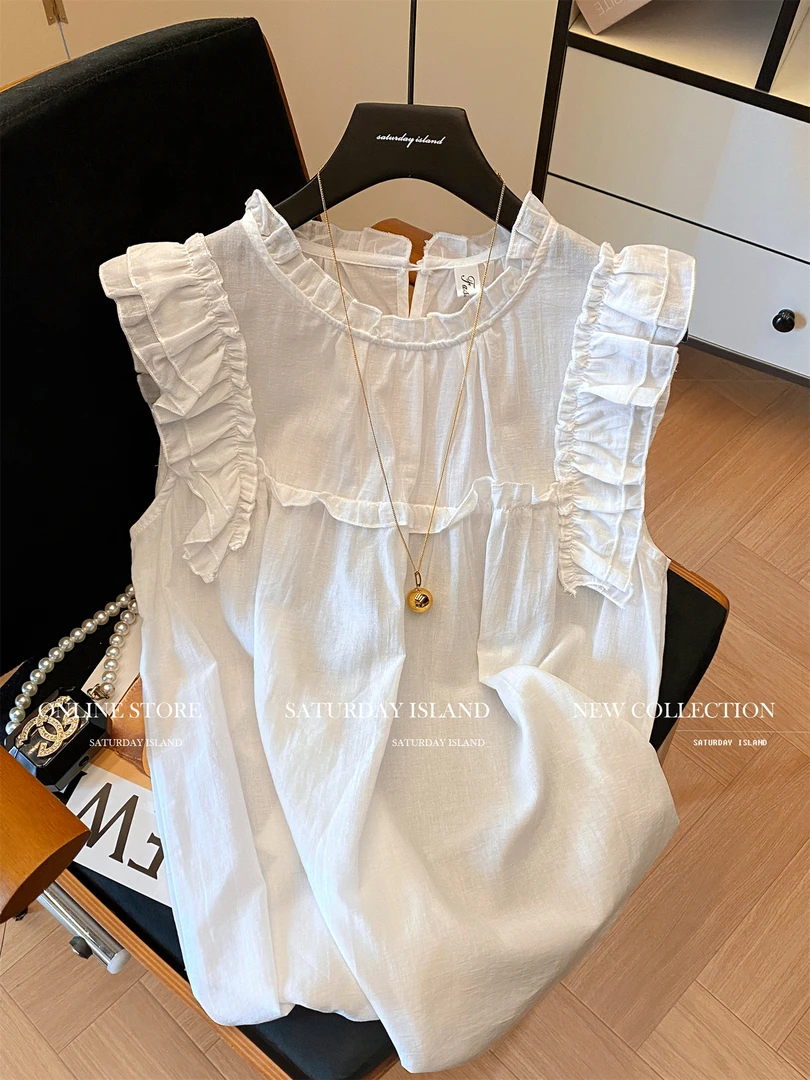 2025年夏季新款法式设计感木耳边立领小飞袖衬衫女洋气百搭娃娃衫