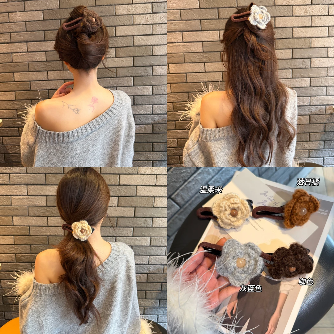 花朵抓夹~秋冬毛线鲨鱼夹大号头发女2025新款高级感发抓发夹发饰