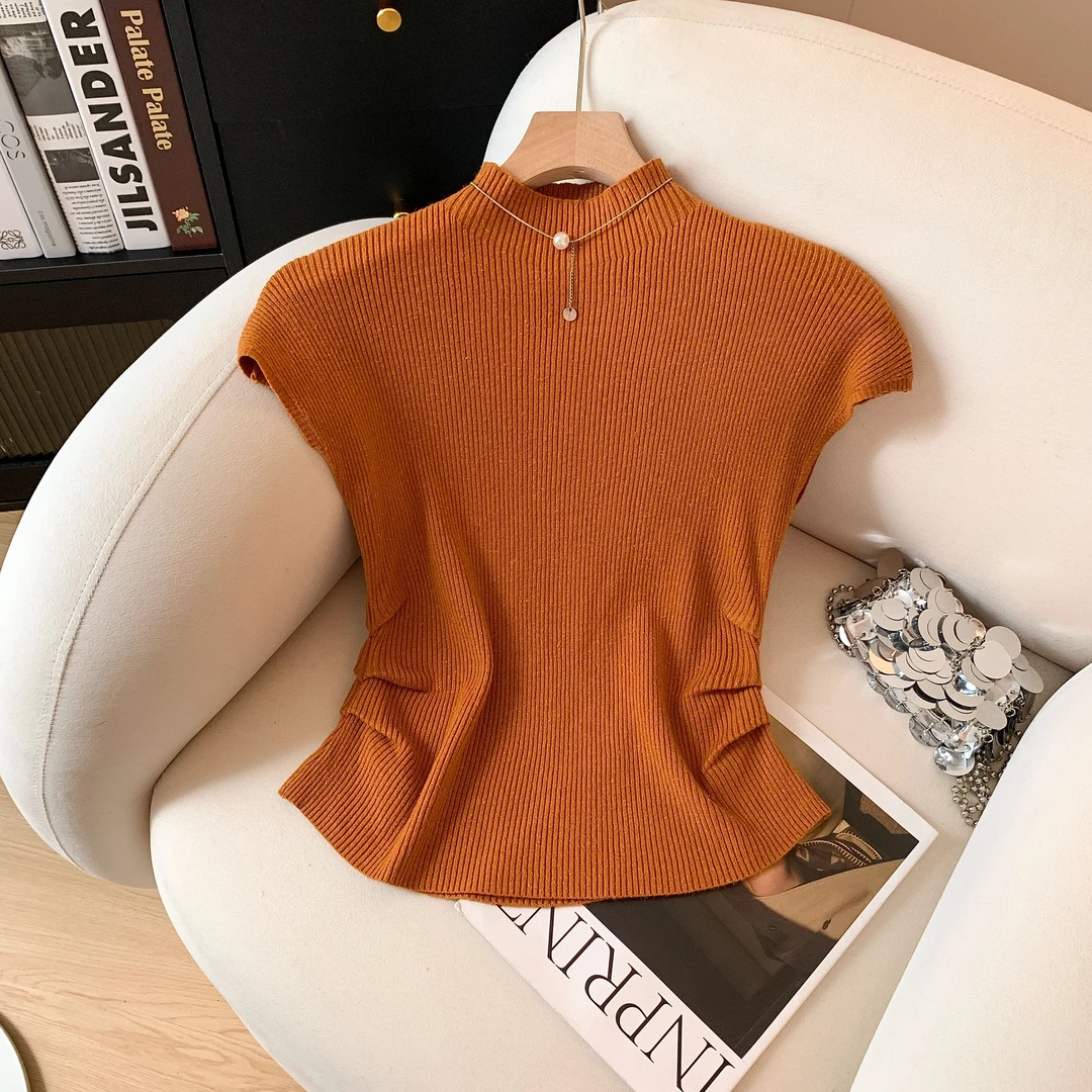 复古高级感半高领短袖针织衫t恤女秋季韩系气质内搭褶皱收腰上衣