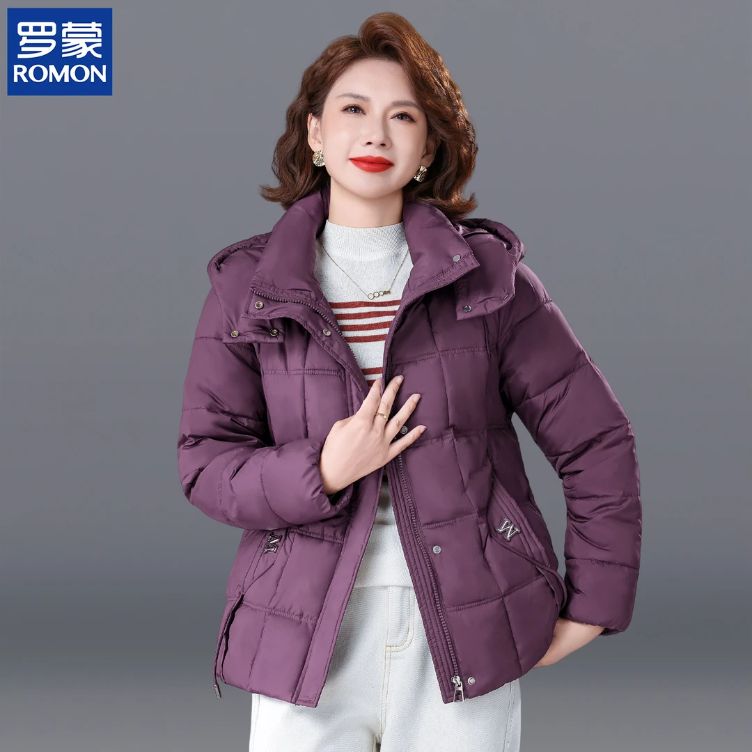罗蒙妈妈冬装纯色短款棉服中年纯色连帽外套中老年女冬季保暖棉衣