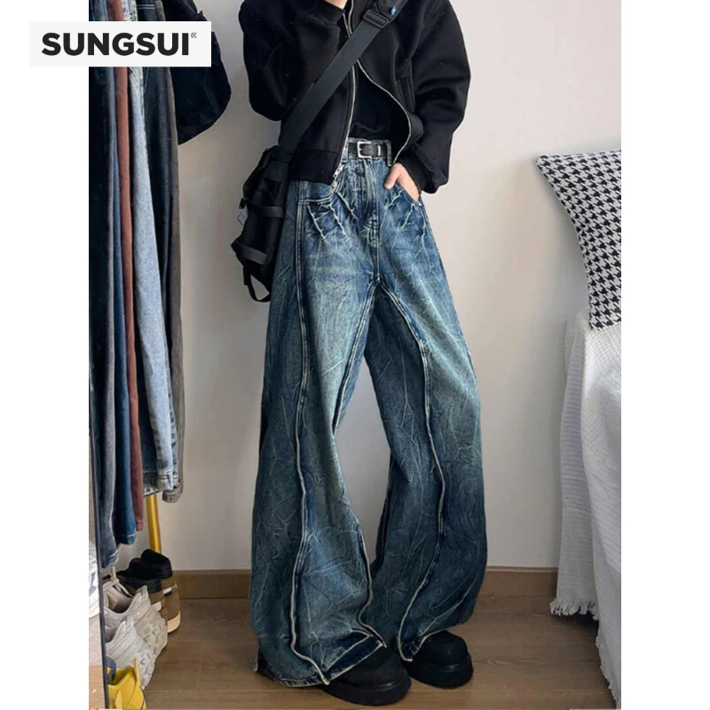 oversize复古闪电纹牛仔裤男款秋冬季美式高街设计感直筒阔腿裤子