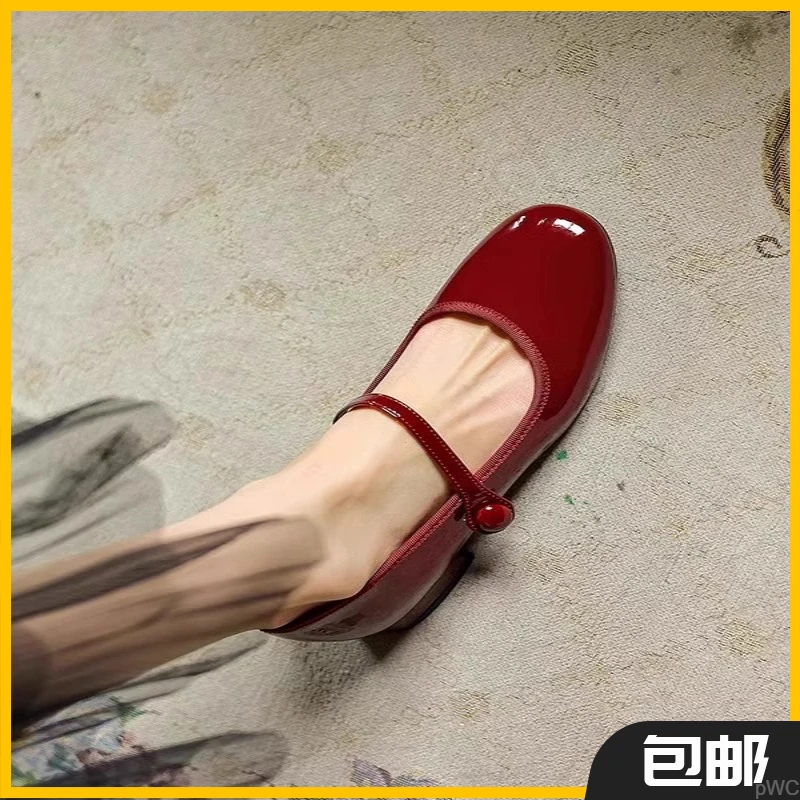 FairyWink 卡斯酒庄～！法式玛丽珍鞋女圆头粗跟漆皮一字带单鞋