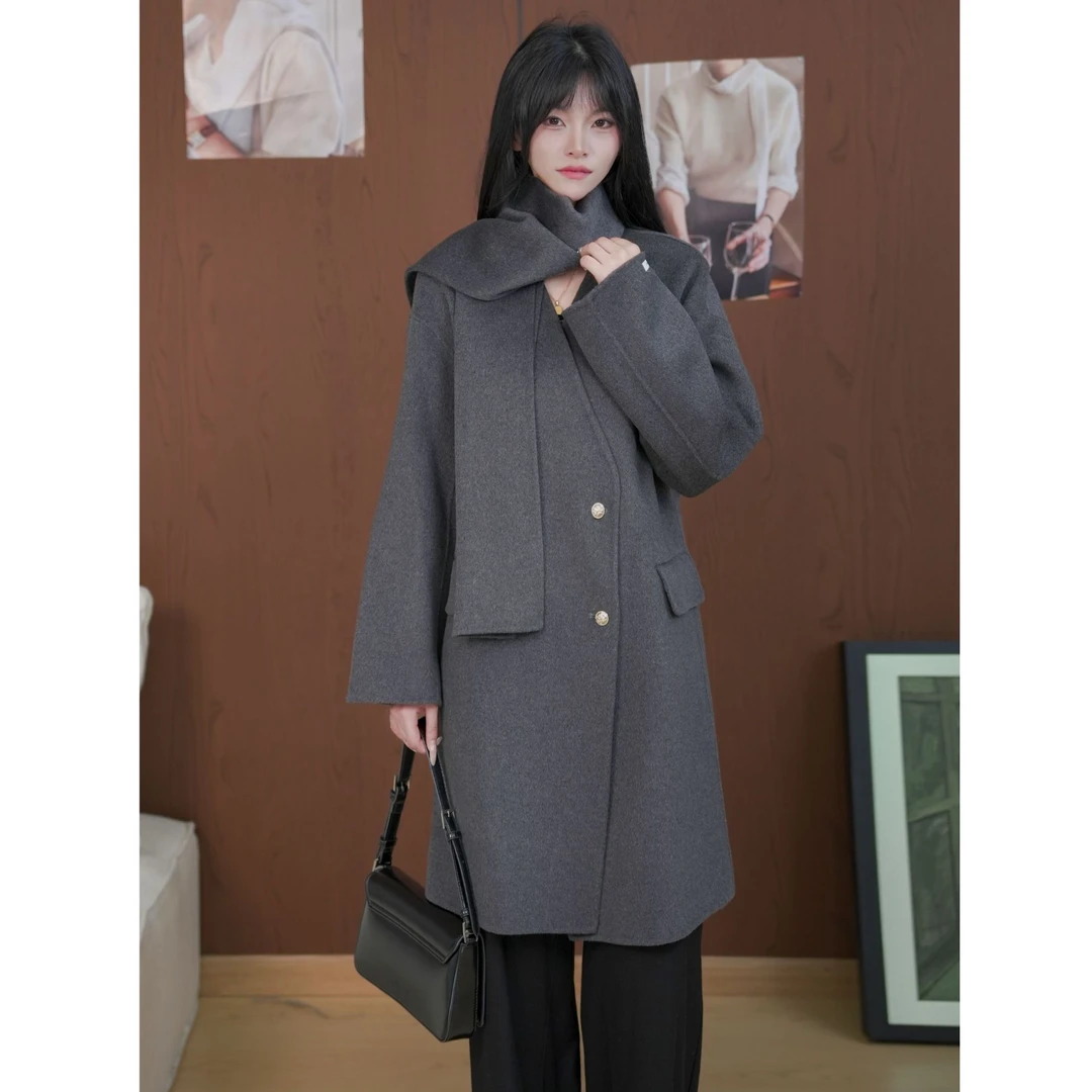 羊毛大衣围脖外套高品质小香风显瘦高级感通勤百搭气质宽松中长款