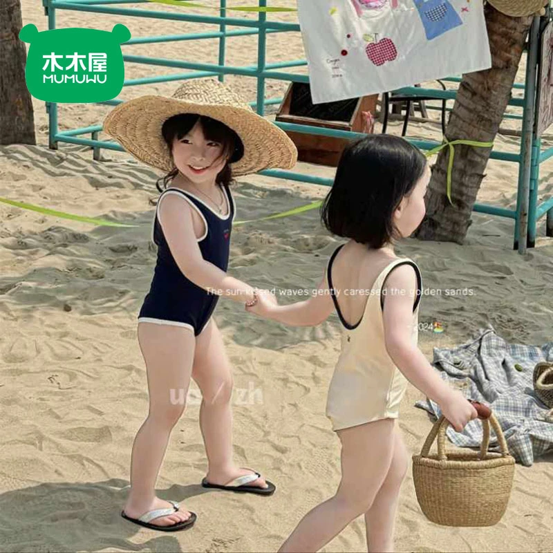 木木屋韩国童装女童连体泳衣夏季新款简约可爱儿童小清新绣花泳装