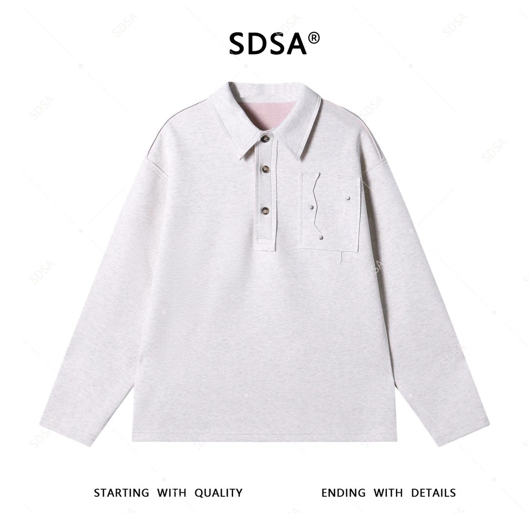 SDSA秋季新款男士痞帅简约裁剪铆钉polo领长袖T恤休闲时尚上衣